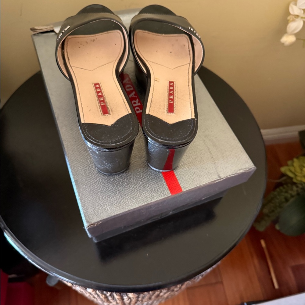 Prada Black Patent Leather Wedge Slide Sandals size 37 / 7